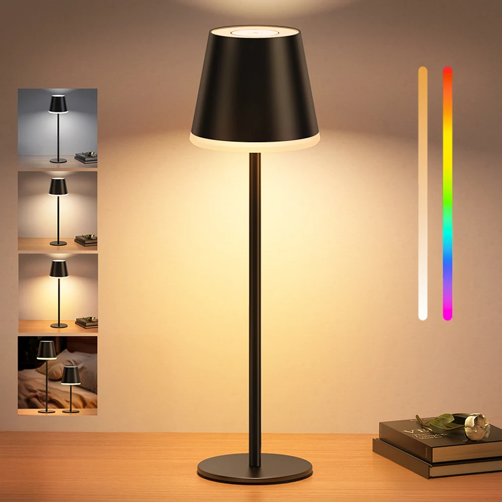 Draadloze tafellamp, draagbare oplaadbare LED-lamp met 5200 mAh batterij, aanraakbediening, dimbaar, 3 kleurstanden, waterdichte draadloze tafellamp IP54 voor restaurant, patio, tuin, slaapkamer.