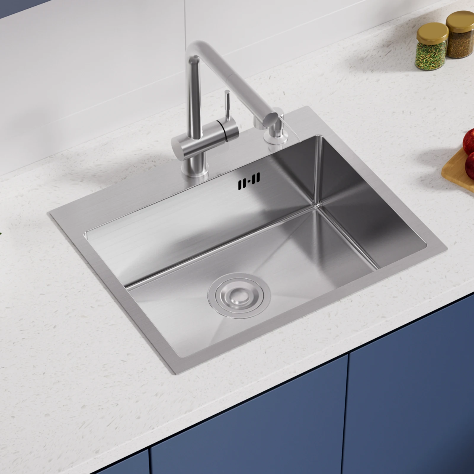 55 x 45 cm Küchenspüle Gebürsteter Edelstahl 304 Handgefertigt Einbauspüle mit Seifenspender Kratzfest Spülbecken für Moderne Küche und Wohnmobil mit Siphon und Abflussgarnitur Set