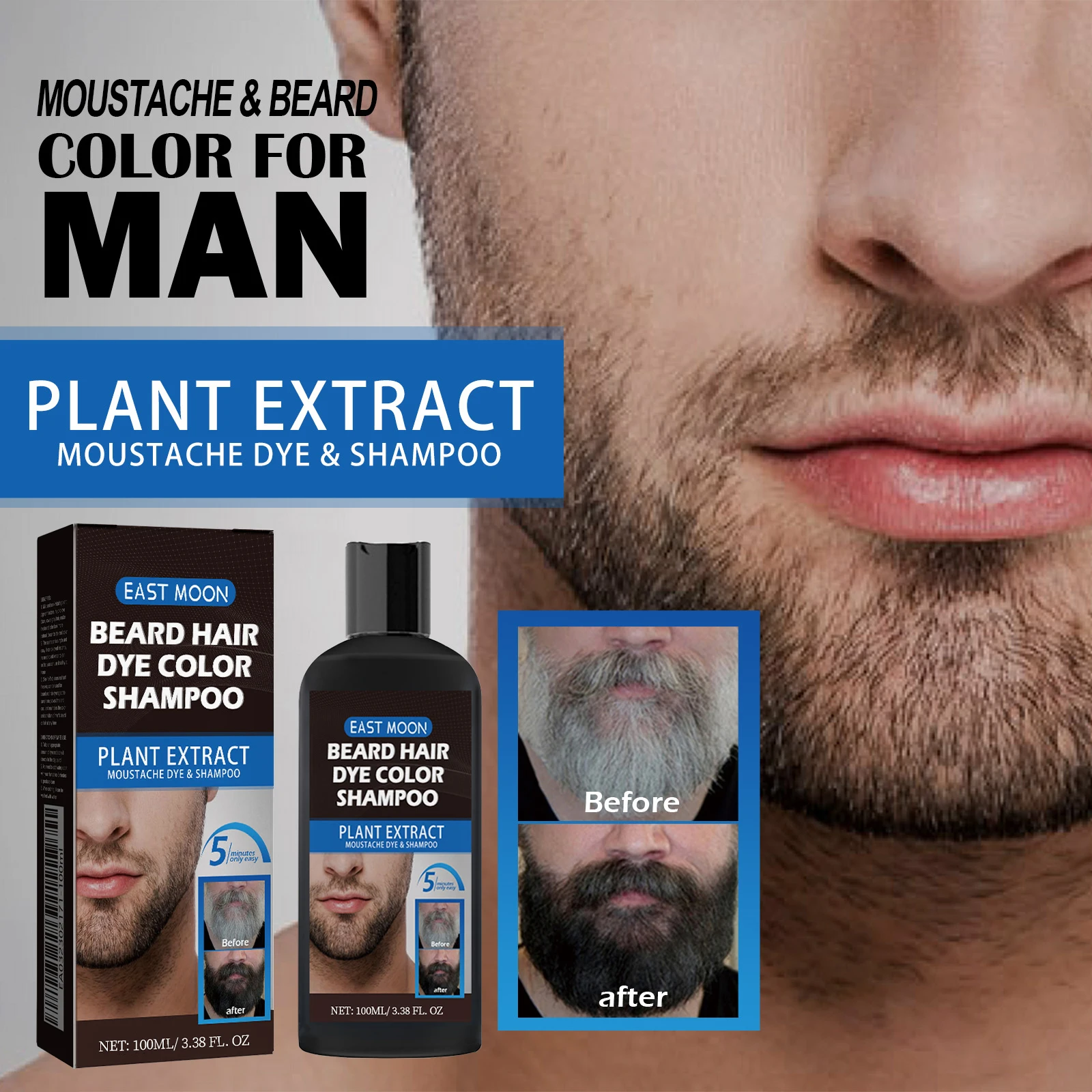 East Moon Beard Dye Shampoo For Men, Men Mustache & Beard Dye For Gray Hair To Black, Natural Beard Dye For Men 100ml