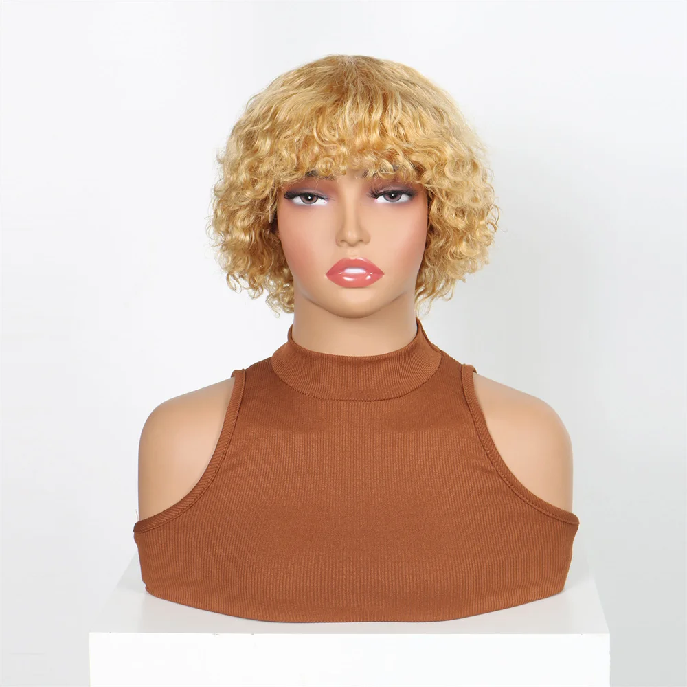 

Short Curly Bob Human Hair Wigs With Bangs Full Machine Made Wigs Highlight Honey Blonde Colored Wigs For Women Cheap Remy Hair
