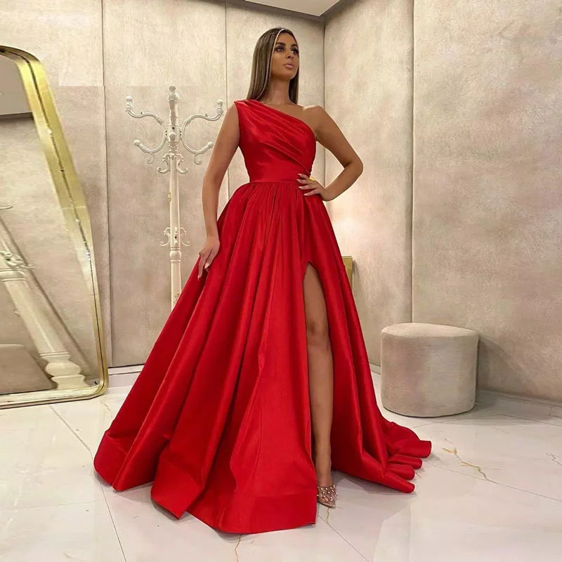 Satin One Shoulder Pleated Corset Prom Dresses With Split Sleeveless Backless Ruched Evening Gowns A-line Long Formal Ball Gowns