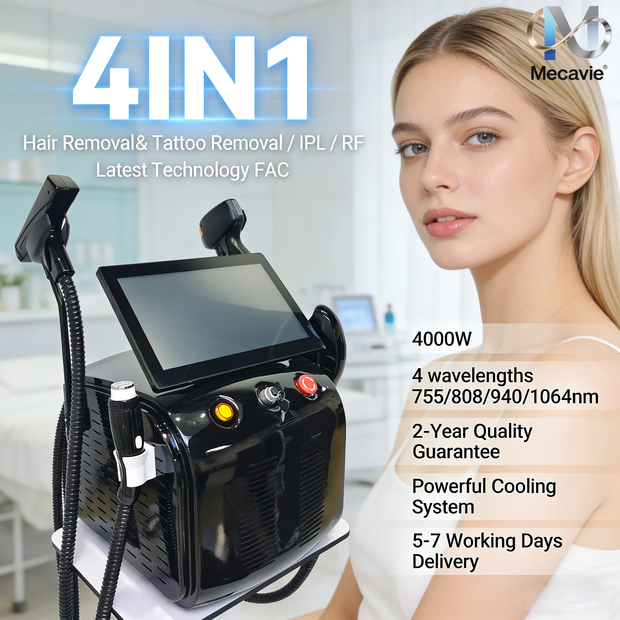 

Лазерный аппарат 4-в-1 Soprano Titanium Ice Platinum Diode 755 808 1064 нм с 4 длинами волн (4000 Вт) для безболезненного удаления волос (ND YAG)