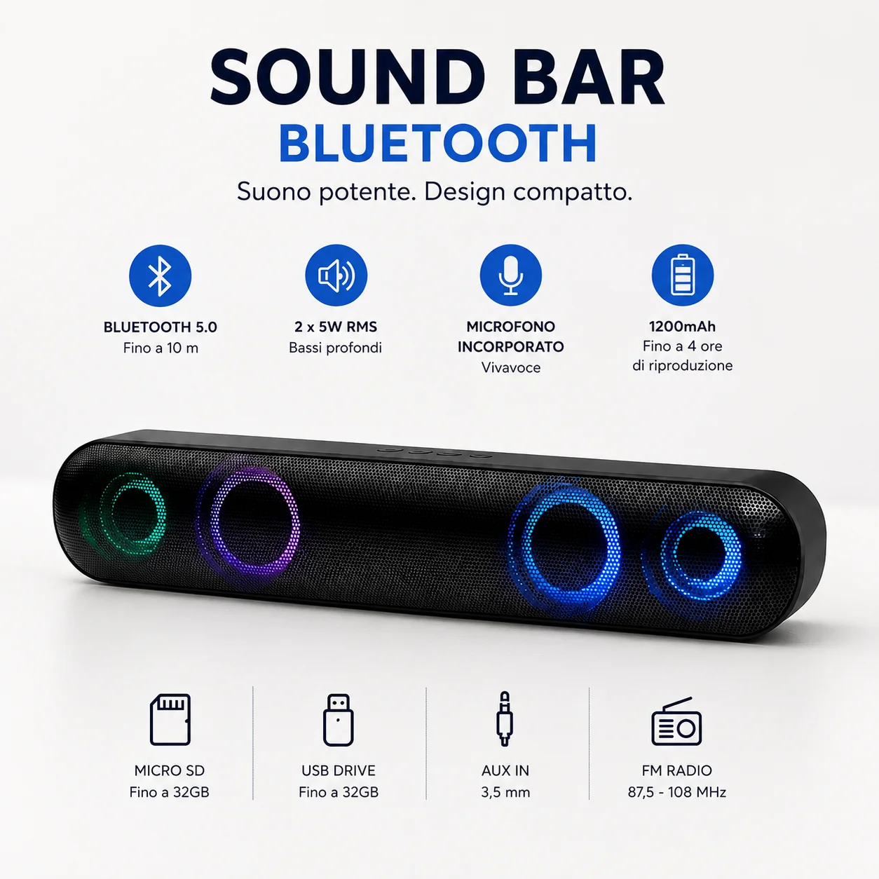 Gembird Soundbar Bluetooth RGB LED Altoparlante Wireless Stereo Portatile HiFi con Radio FM AUX USB TF Card per TV PC Smartphone Gaming Home Theater
