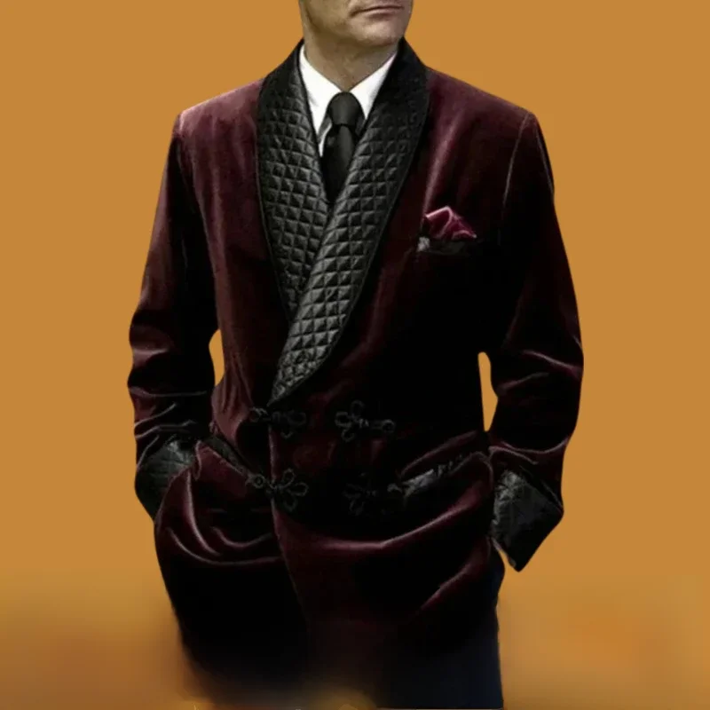 1 Pc Velvet Smoking Jacket Shawl Lapel Loose Men Suit Prom Blazer Retro Dinner Party Męski modny płaszcz 2024 Najnowsze projekty — zdjęcie 2