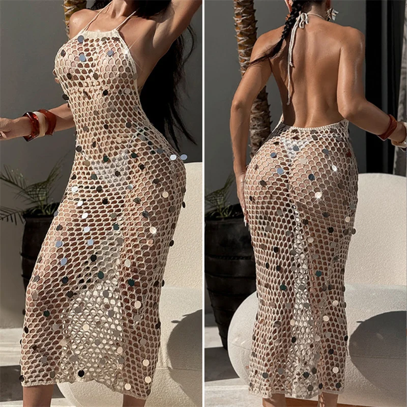 Abito sexy in maglia con paillettes con lacci e scollo all'americana, lungo da spiaggia, bikini all'uncinetto, copricostume estivo, costume da bagno femminile, sarong