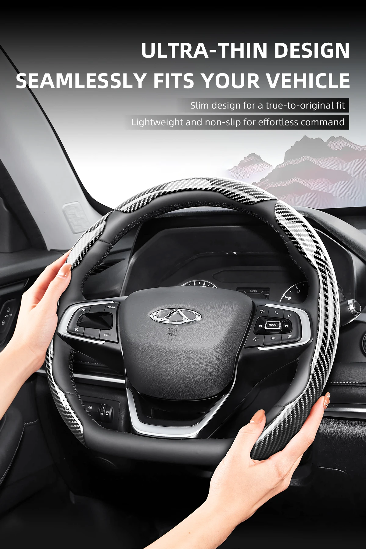 Passend für Chery Sporty Glänzende Carbonfaser-Textur Lenkradabdeckung mit Snap-On-Design für Tiggo 2 3 4 7 8 9 Pro Max Csh Arrizo 6 Cross C5 J6 E5 Omoda 5 Gt Eq7 Auto-Innenausstattung Schutzgehäuse – Detail 4