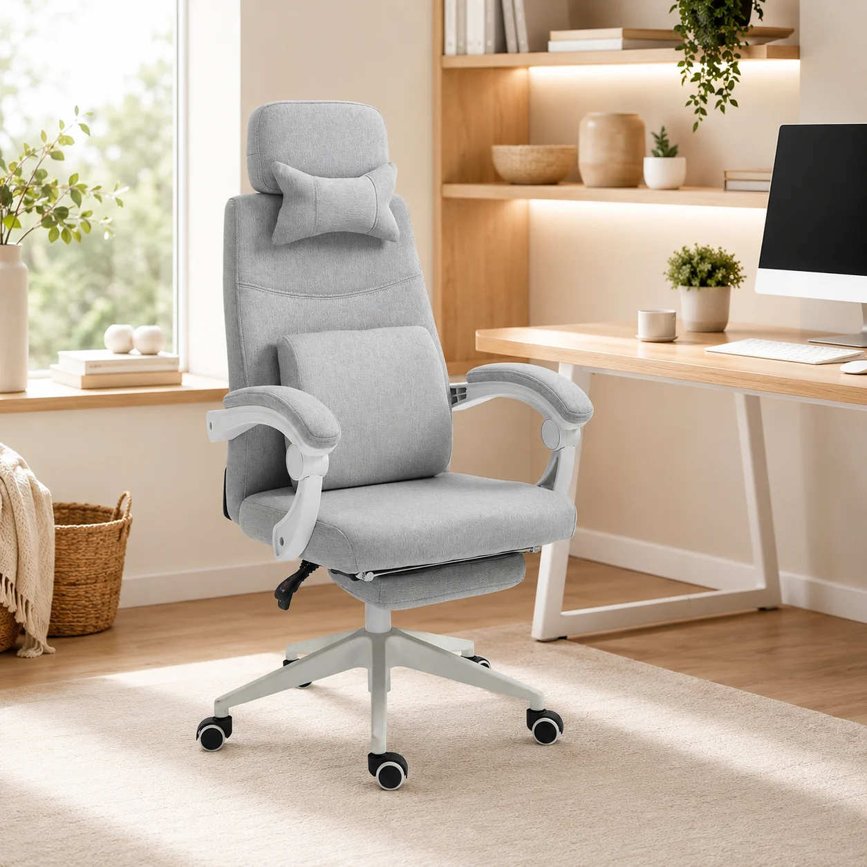 Chaise de bureau ergonomique, chaise de bureau à roulettes, coussin lombaire, appui-tête et repose-pieds amovibles, grise 62 x 68 x 117-127 cm