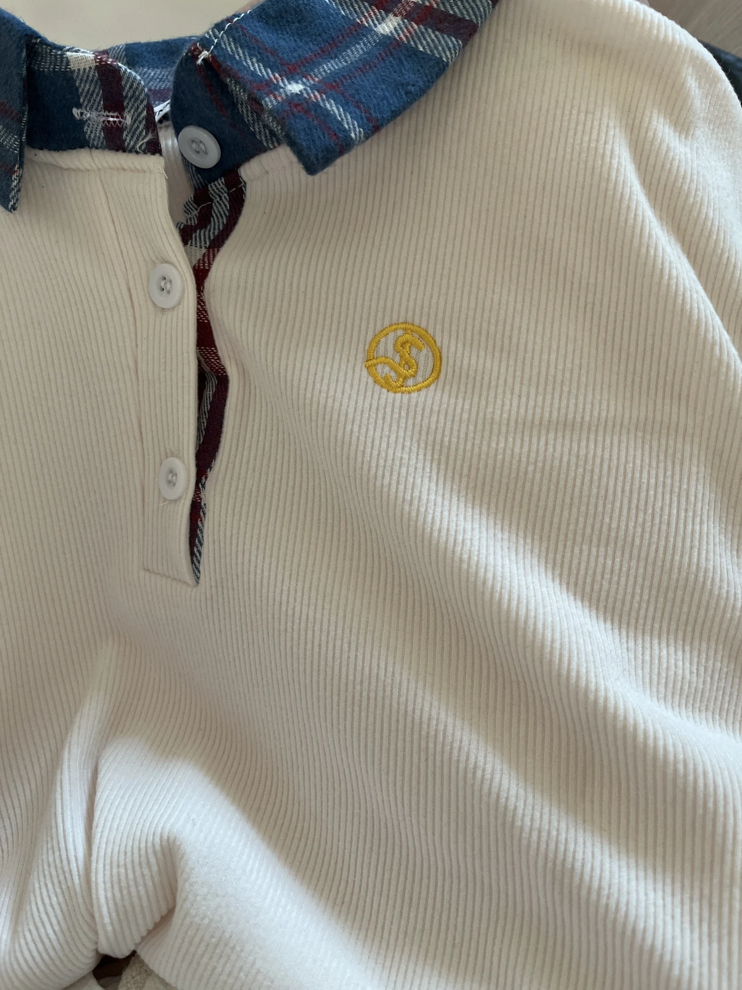 Preppy Polo Neck Plaid Long sleeve T shirt Women Fake Two-piece Basic Top V neck Button Blouses Tees Embroidery High-quality photo review