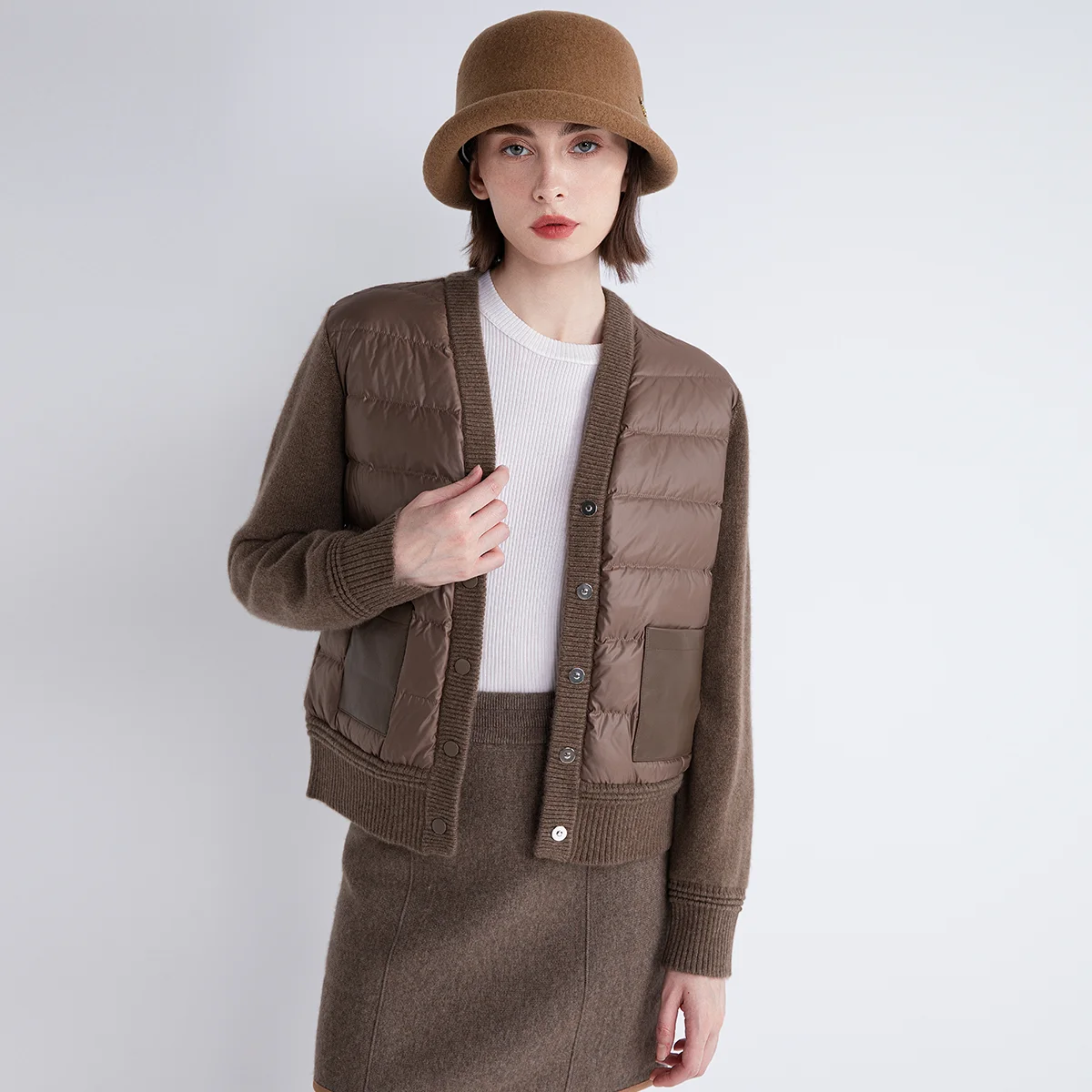 ﻿TX852129 Luxury Minimalist Women’s LP Down Knitwear 100% Cashmere Puffer Cardigan Sheepskin Pocket Outerwear
