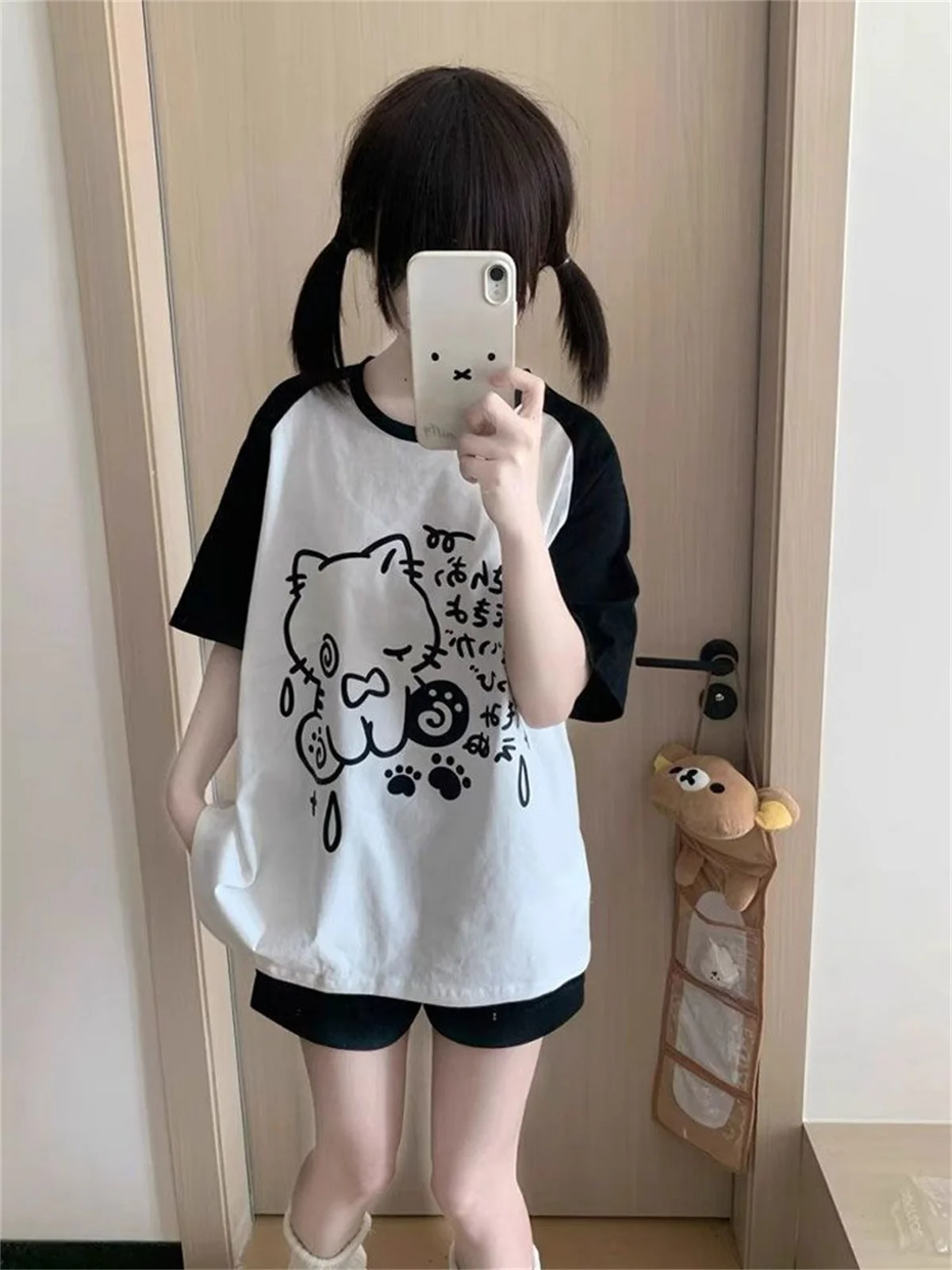 Japanese Summer Cartoon Printing T-shirts Y2k Aesthetic Casual Loose Kawaii Tops Women Contrast Color Patchwork Harajuku Tees