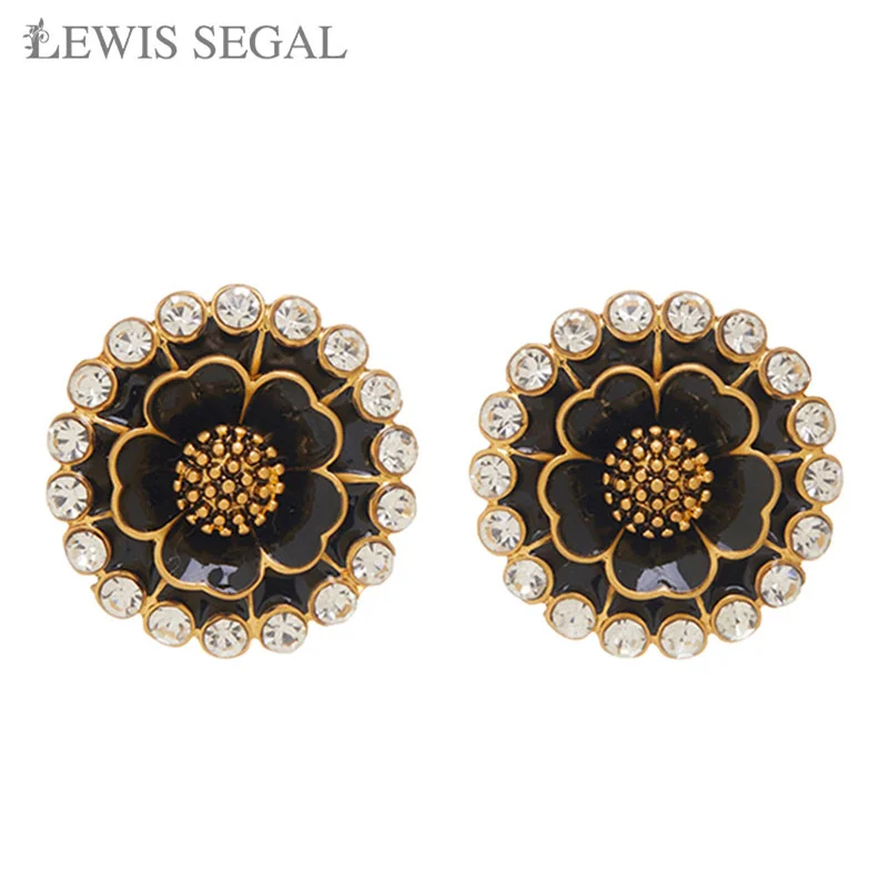 

LEWIS SEGAL Silver 925 Pin Earrings Enamel Black Flower Studs Original Retro Rhinestone Earrings Girls Party Piercing Jewelrys