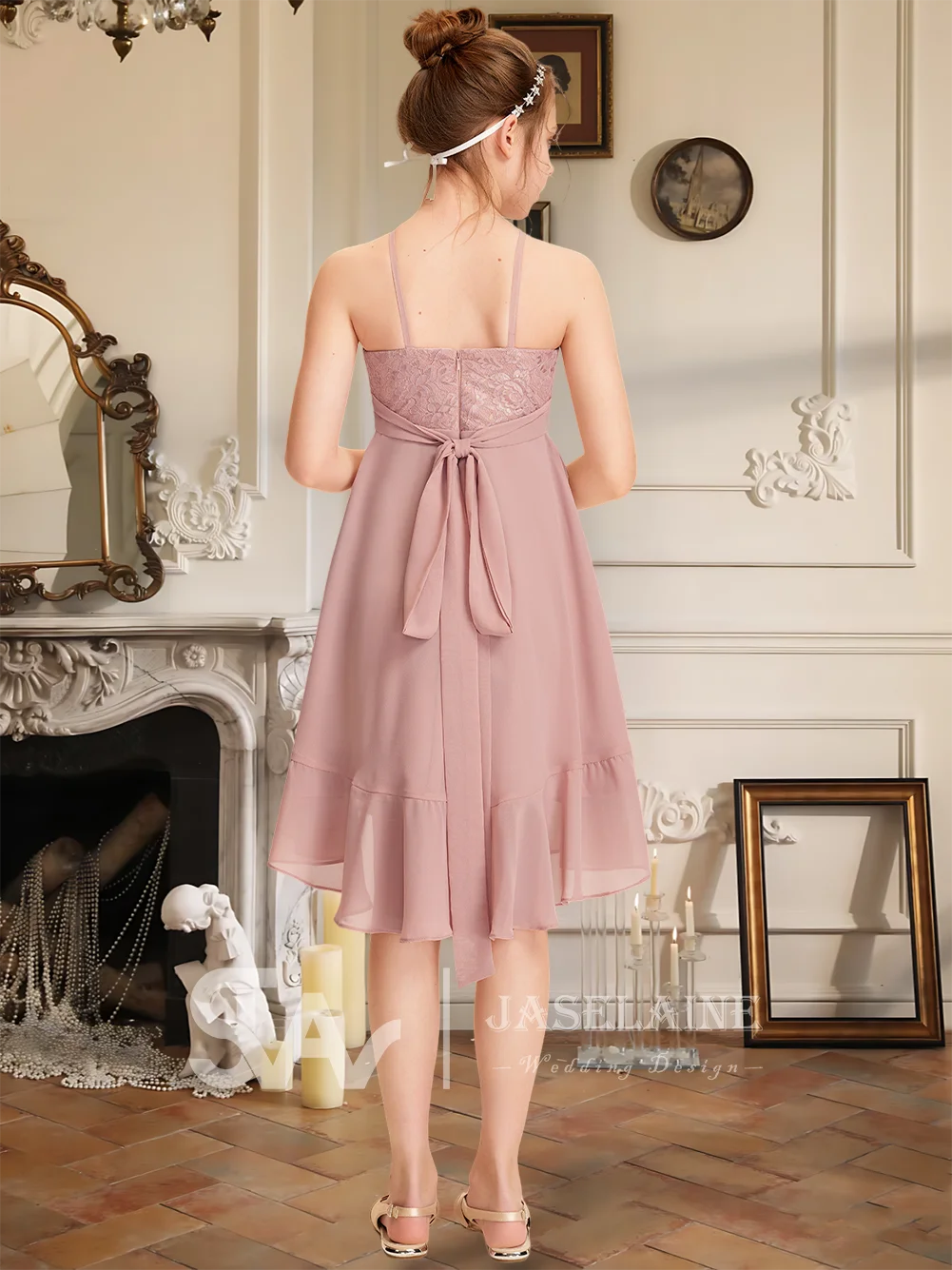 Elegantes A-Linien-Neckholder-Kleid aus asymmetrischem Chiffon und Spitze für junge Brautjungfern, kaskadierende Rüschen, Party-Blumenmädchenkleid, Hochzeit, formell