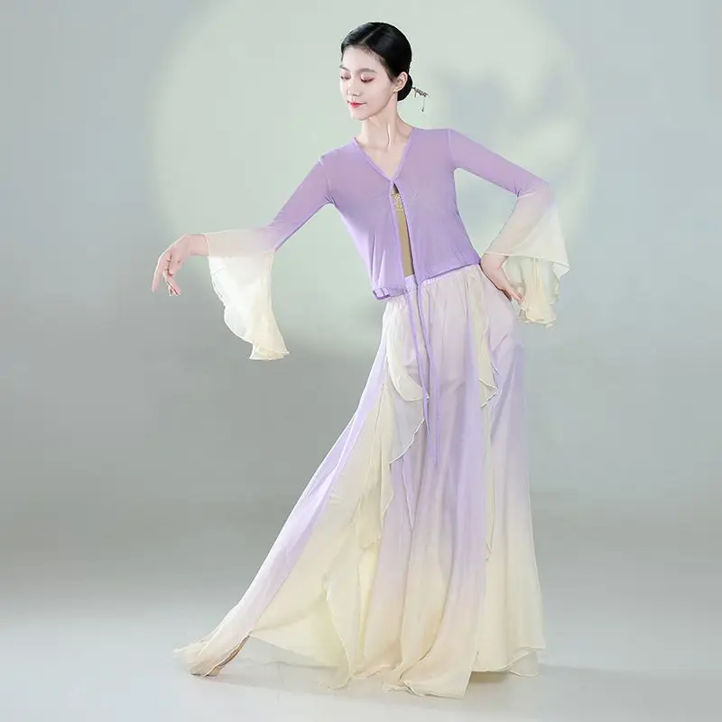 Chinese Classical dancer performance costumes elegant cardigan practice clothes body rhyme long outer Chinese style folk dance