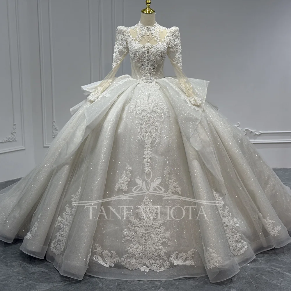 

High Long Sleeve Wedding Dress With Lace-Up Keyhole Back Beaded Crystal Embroidery Customizable Boda Vestidos