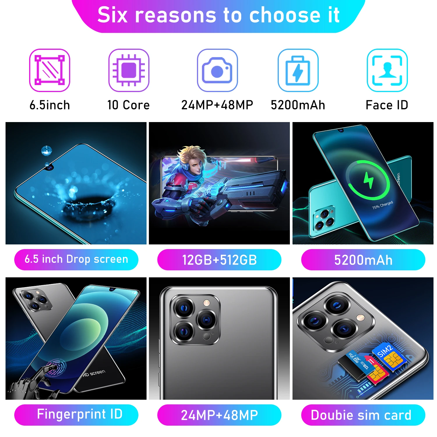 2025 New XS16 Pro 6.5inch HD Global Edition Original Smart Dual Card 5200mAh Battery Facial Recognition Function