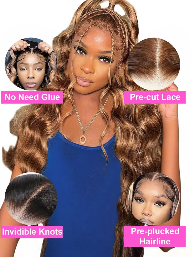 Highlight 4/27 Colored 7x5 Glueless Wig Body Wave Human Hair Wig 100% Glueless 13x4 Lace Closure Wig Pre Cut No Glue Ready To Go