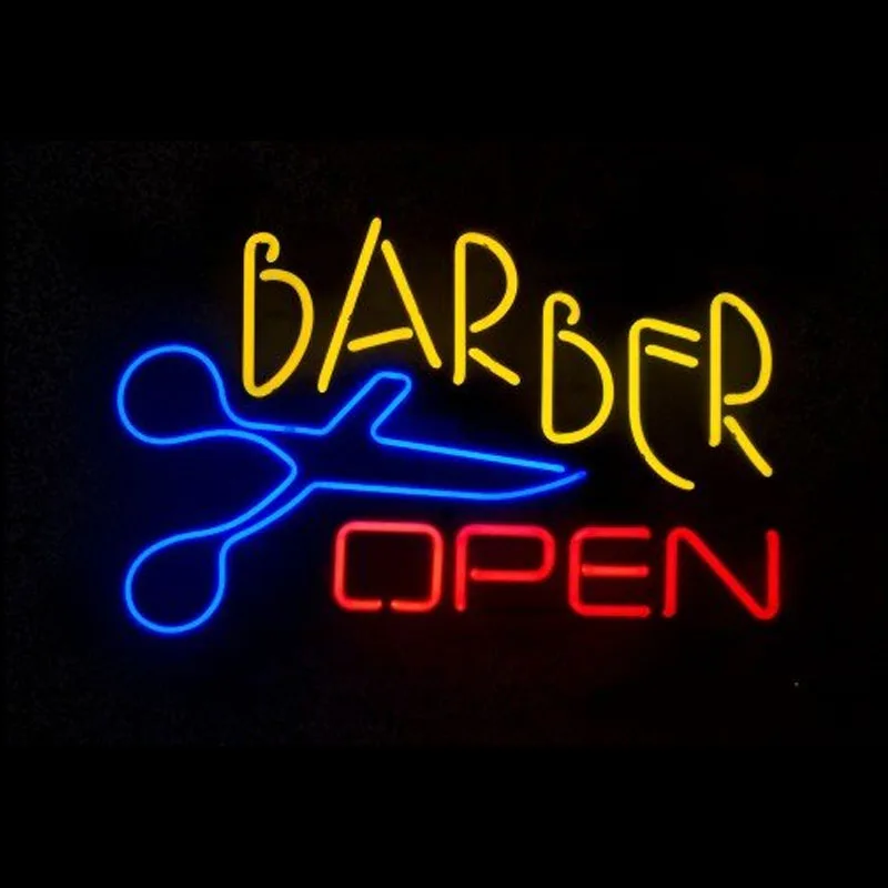 

Barber Open Real Glass Neon Sign For shop Business Advertise Beer Hotel Man Cave Room Decor Handmade Artwork Visual Wall Lamp