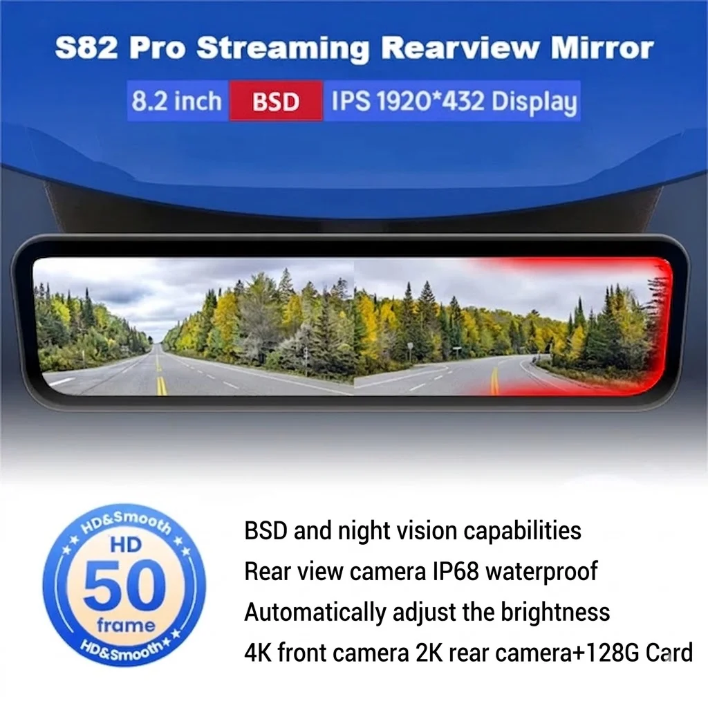 

Newest 2/4K HD 8.2'' Streaming Rearview Mirror with BSD Night Vision for Tesla Model 3/3 Highland/ Y / Y Juniper Stream Dashcam