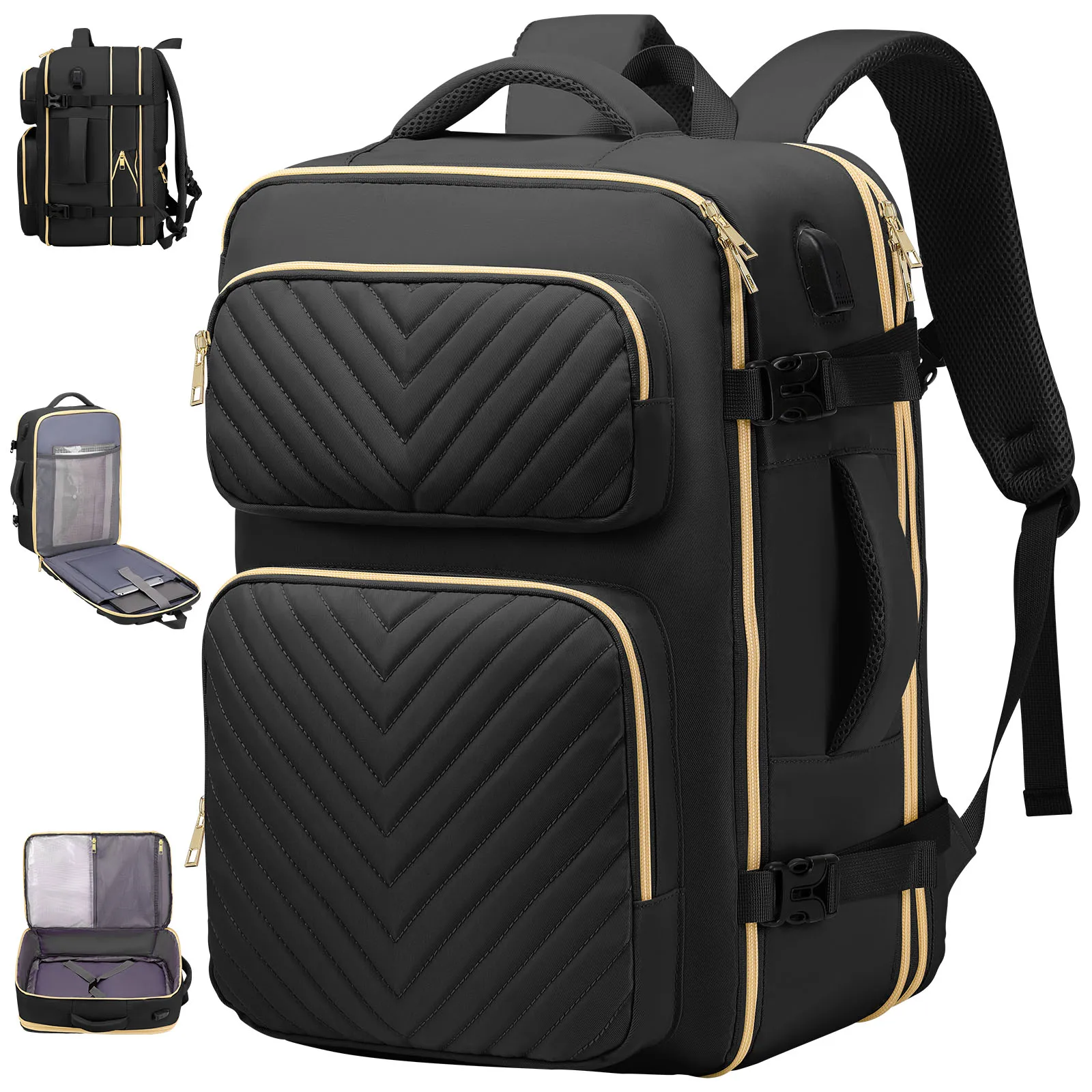 Zaino da viaggio, ideale come bagaglio a mano, per laptop, da uomo e da donna, adatto anche per il lavoro, con porta USB, resistente all’acqua e con possibilità di espansione.