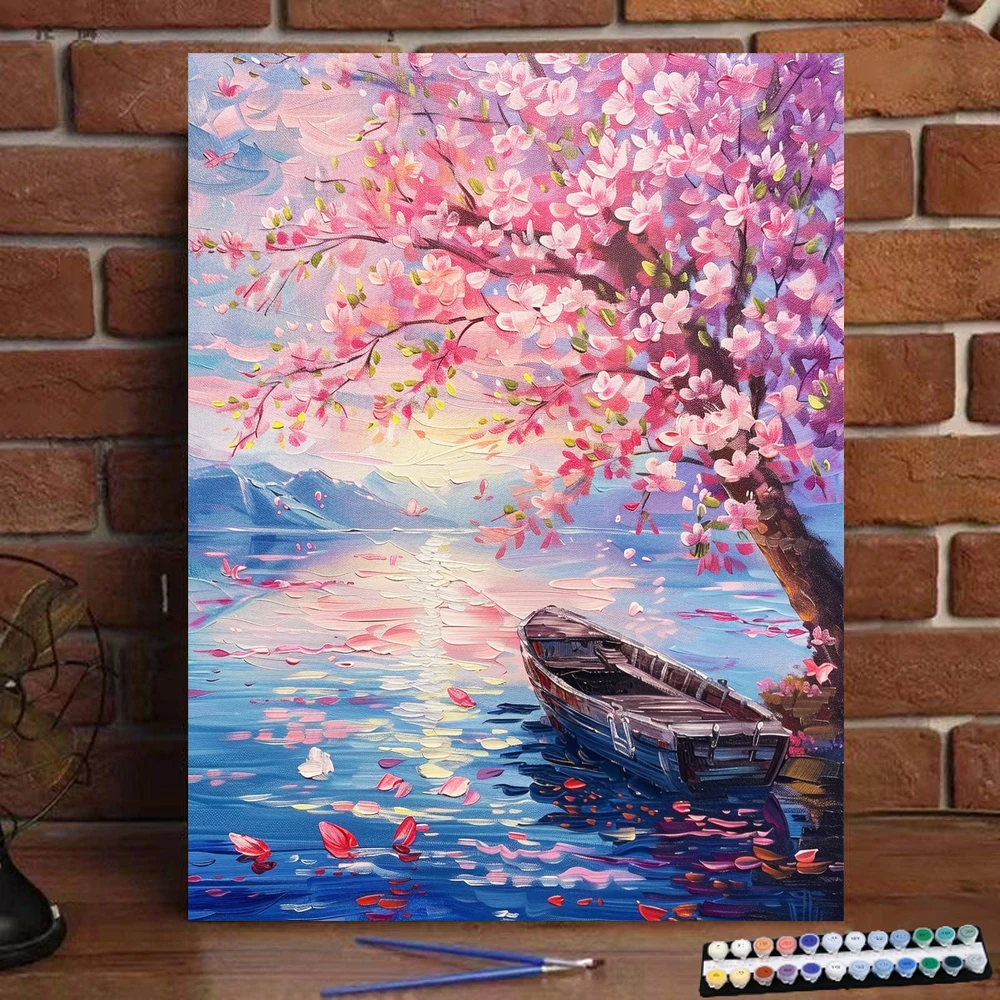 Painting by Numbers Cherry Blossoms Flying by the River Art Culture Digital Painting Handmade Adult Children's Gift Wall Decorat