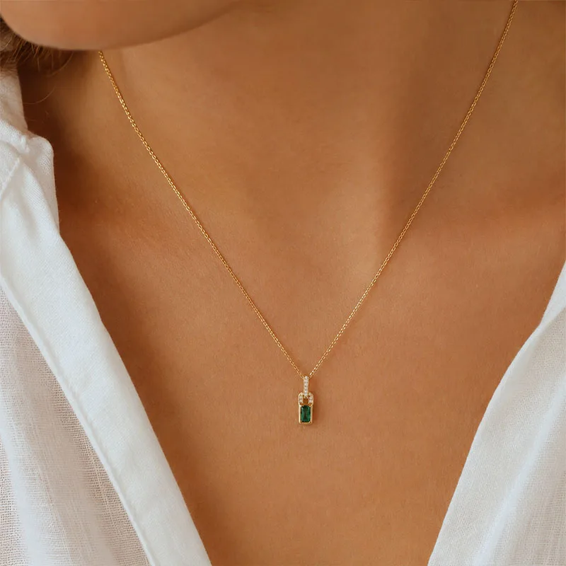 Metiseko 925 Sterling Silver 18K Gold Plated Emerald Green Zircon Lock Pendant Necklace for Women Gift
