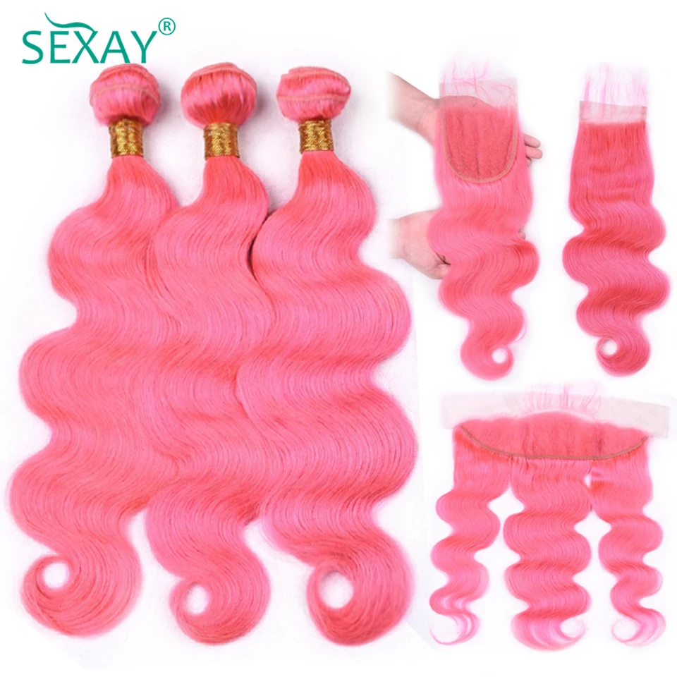 Sexay-Rosa Rosa Colorido Pacotes de Cabelo Humano com Fechamento, Onda Corporal Peruana, Pacotes de Tecer, Transparente HD, 13x4 Lace Frontal