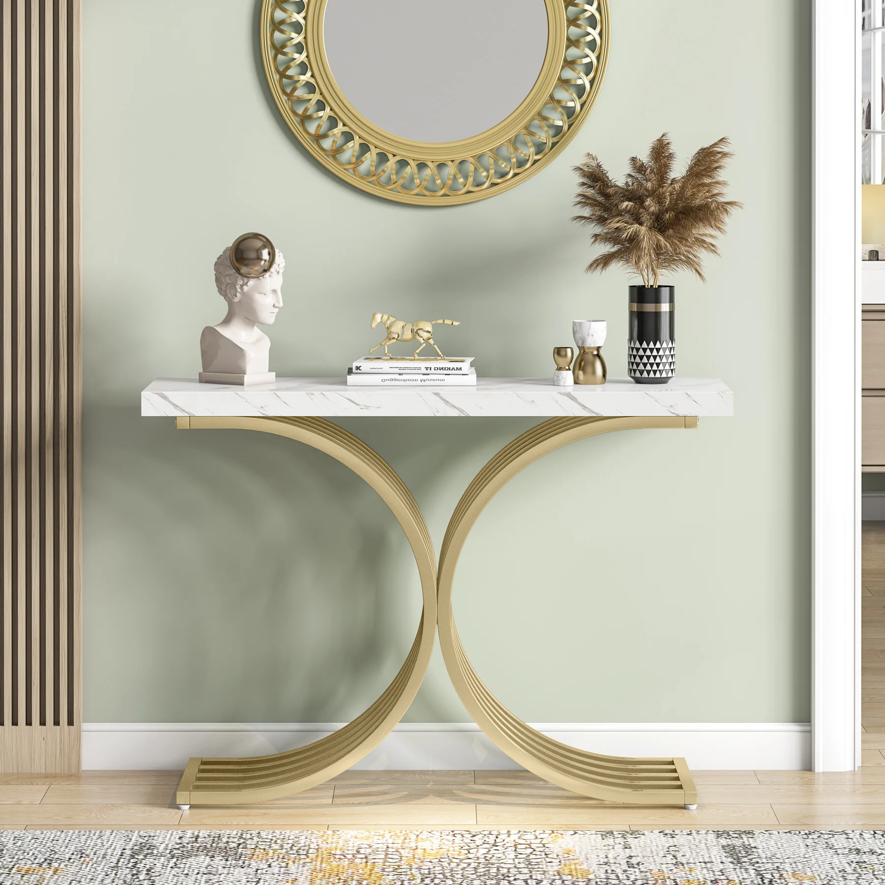 Tavolino consolle stretto Tribesigns, tavolino laterale con struttura in metallo dorato, dimensioni 100x30x80 cm, ideale per corridoi, come tavolino da esposizione, tavolino da posizionare accanto al