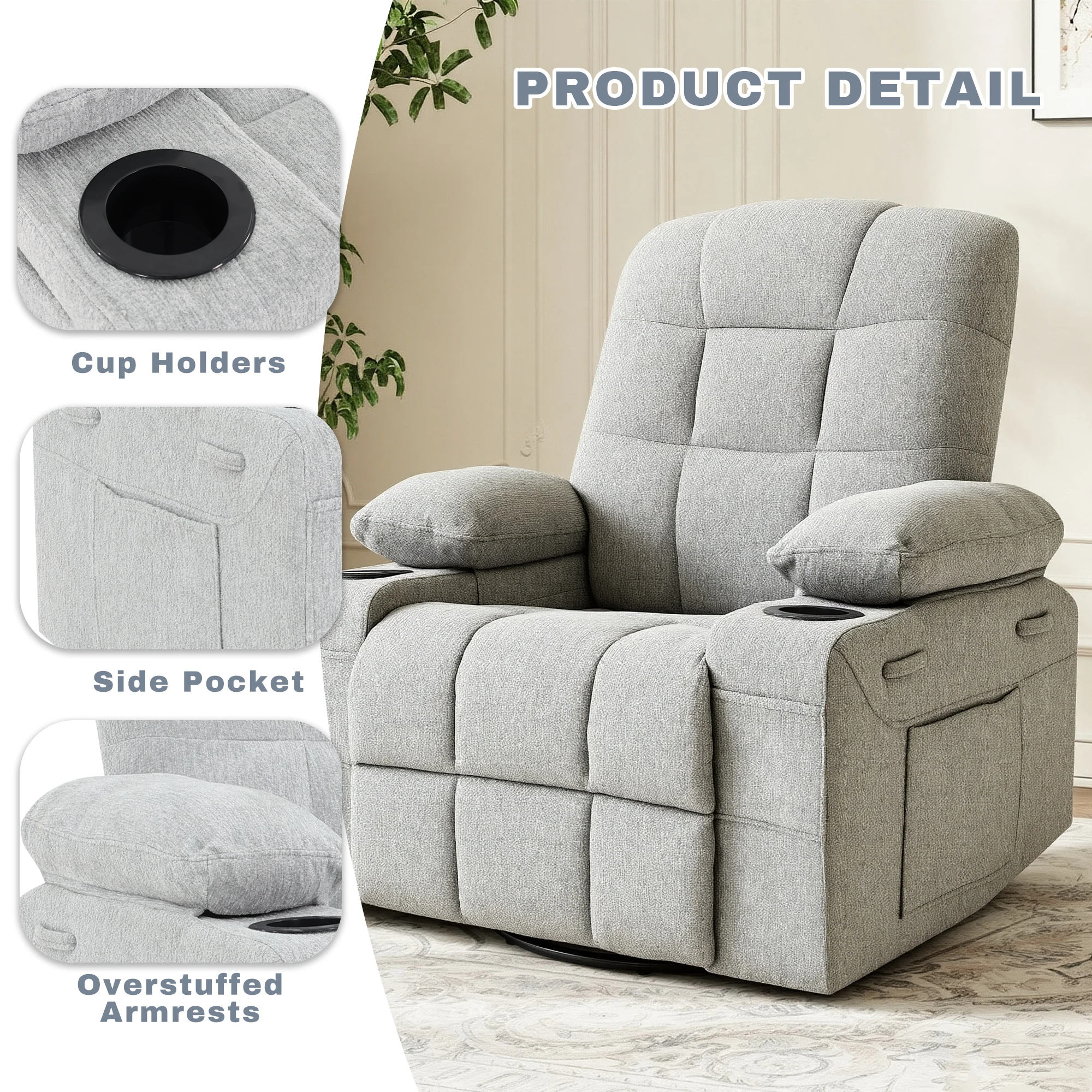 Soft Chenille Swivel Rocker Recliner Chair, Manual Recline Single Reclining Sofa for Reading Napping Watching TV in Lounge Room