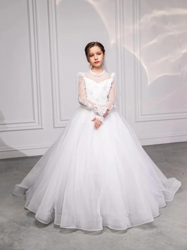 Custom Flower Girl Dress Long Sheer Sleeve 3D Floral Lace High Neck Cutout Back Big Bow Multi-Layer Tulle Sweep for communion