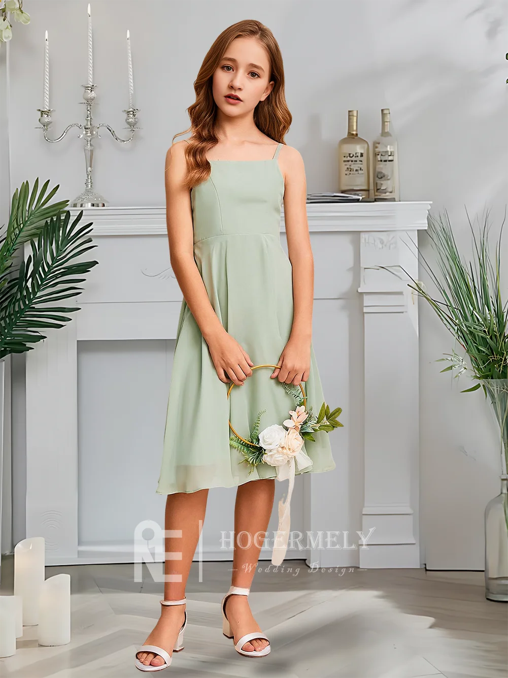 Платье трапециевидной формы для юных подружек невесты, платье с цветочным узором для девочек, шифоновое платье с квадратным вырезом длиной до колена для девочек, свадебное мероприятие для особых случаев