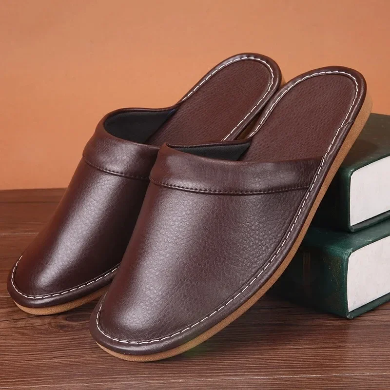 Niedrogie pantofle ze skóry PU męskie buty domowe zimowe wodoodporne kapcie unisex buty wewnętrzne pokój pantofel dla gości męskie klapki japonki — zdjęcie 2