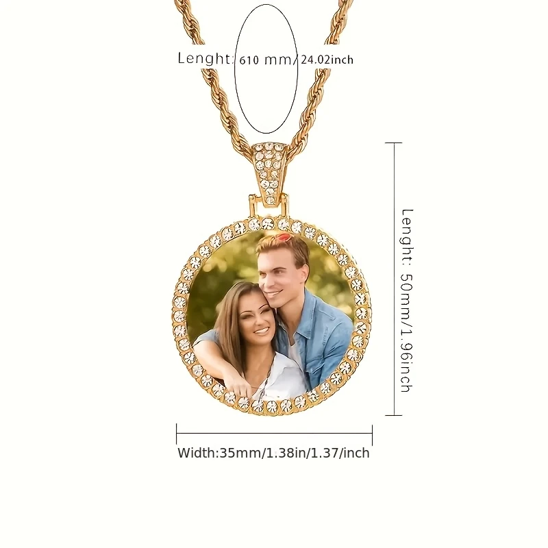 Custom Round Photo Pendant Necklace Golden Twist Chain Elegant Couple Jewelry Gift for Lovers Parents Wedding