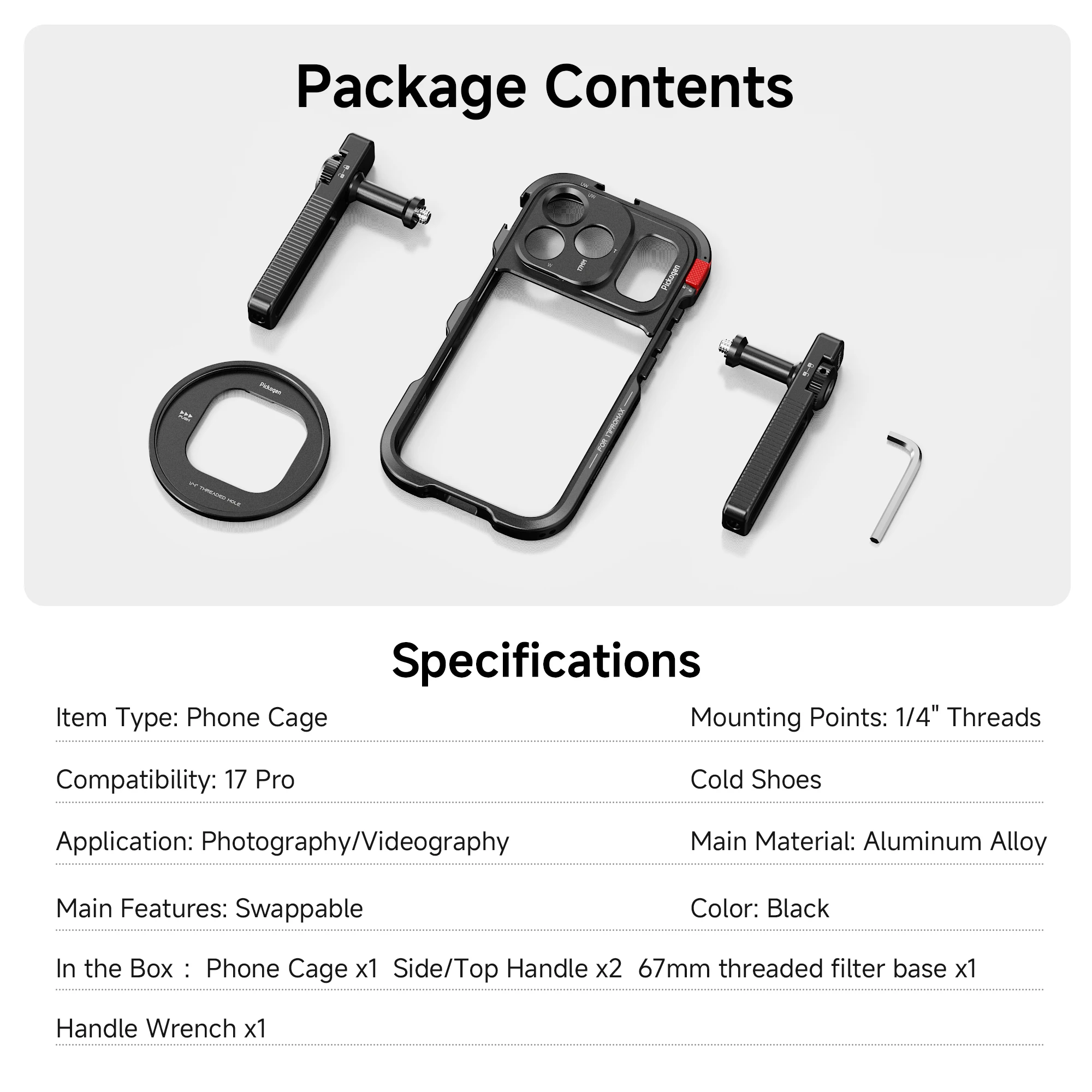 PICKOGEN Handy-Videokäfig-Set für iPhone 17 Pro / Pro Max, doppelte drehbare Griffe, 17-mm-Objektivhalterung, 67-mm-Filteradapter – Detail 9