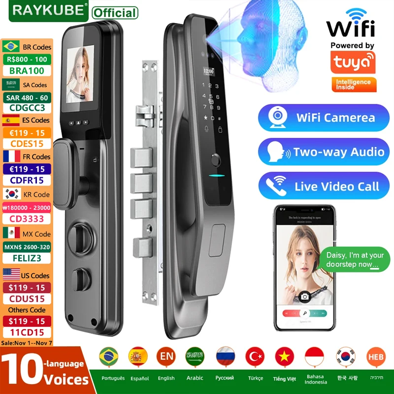 

New RAYKUBE X50 Tuya WiFi 3D Face Recognition Digital Fingerprint Door Lock With WiFi Camera Remote APP Video Call 10-language