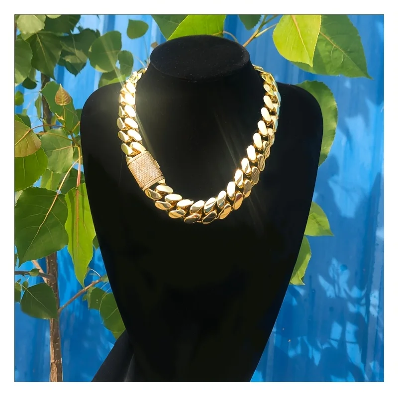 15Mm Men'S Hip Hop Miami Cuban Chain, 18K Gold Plated, Hip Hop Jewelry for Men, Mossanite Box Clasp, Urban Gangster Fashion, Carnival, Local Stock Items, Perfect Gifts for Boyfriends