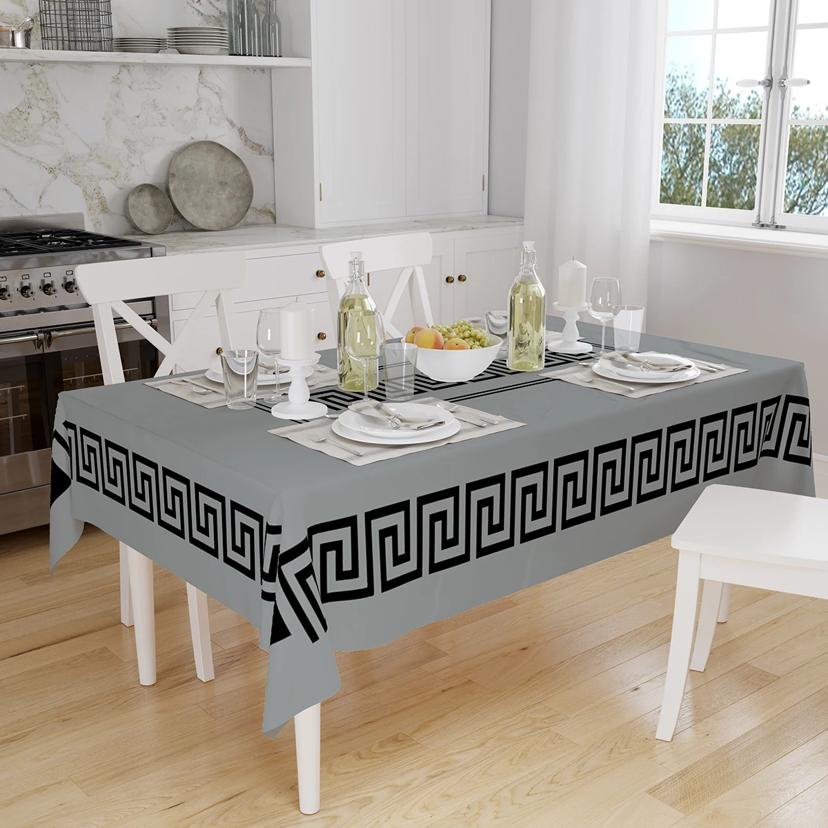 Grey Black Greek Locked Geometric Design Print Rectangular Fabric Table Cloth Table Cover for Wedding Party Dinning Table Decor