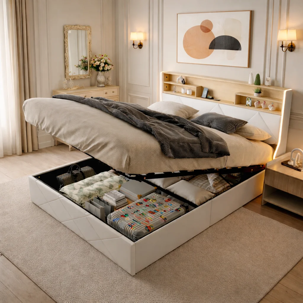 Cama 140x200 cm con almacenaje, cama con canapé hidráulico, cama doble con LED y puerto USB, somier de láminas, cama tapizada PU, estructura de cama moderna, cama con cajón, cama juvenil multifuncional
