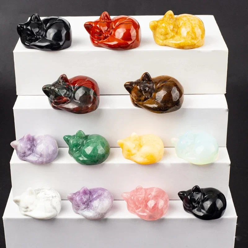 Figurine de chaton en quartz rose sculptée à la main, pierre naturelle, mini chat endormi diversifié, artisanat en cristal, chakra, décoration d'intérieur, 1.5 po
