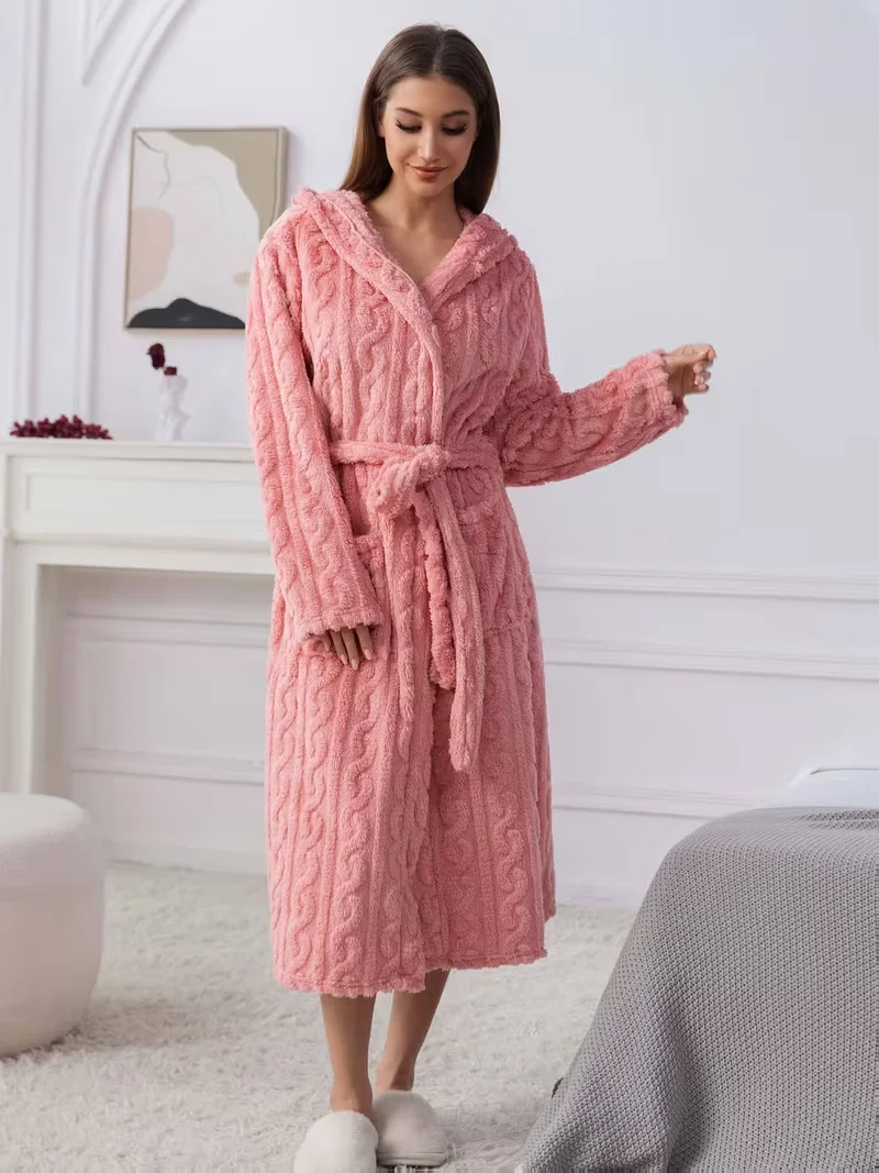 Pink Flannel Female Long Robe Lounge Wear Thicken Coral Fleece Hooded Bathrobe Gown Autumn Winter Loose Sleepwear Home Dress view 5