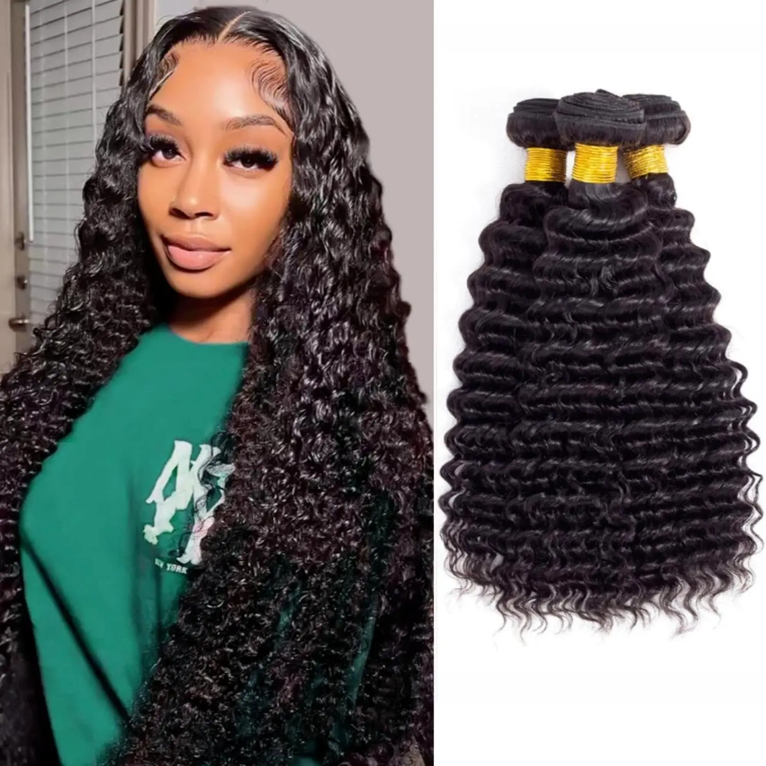 12A حزم الشعر البشري موجة عميقة 1 3 حزم 100% غير المجهزة البرازيلي عذراء عميق مجعد نسج حزمة # 1B وصلات شعر ملونة #1