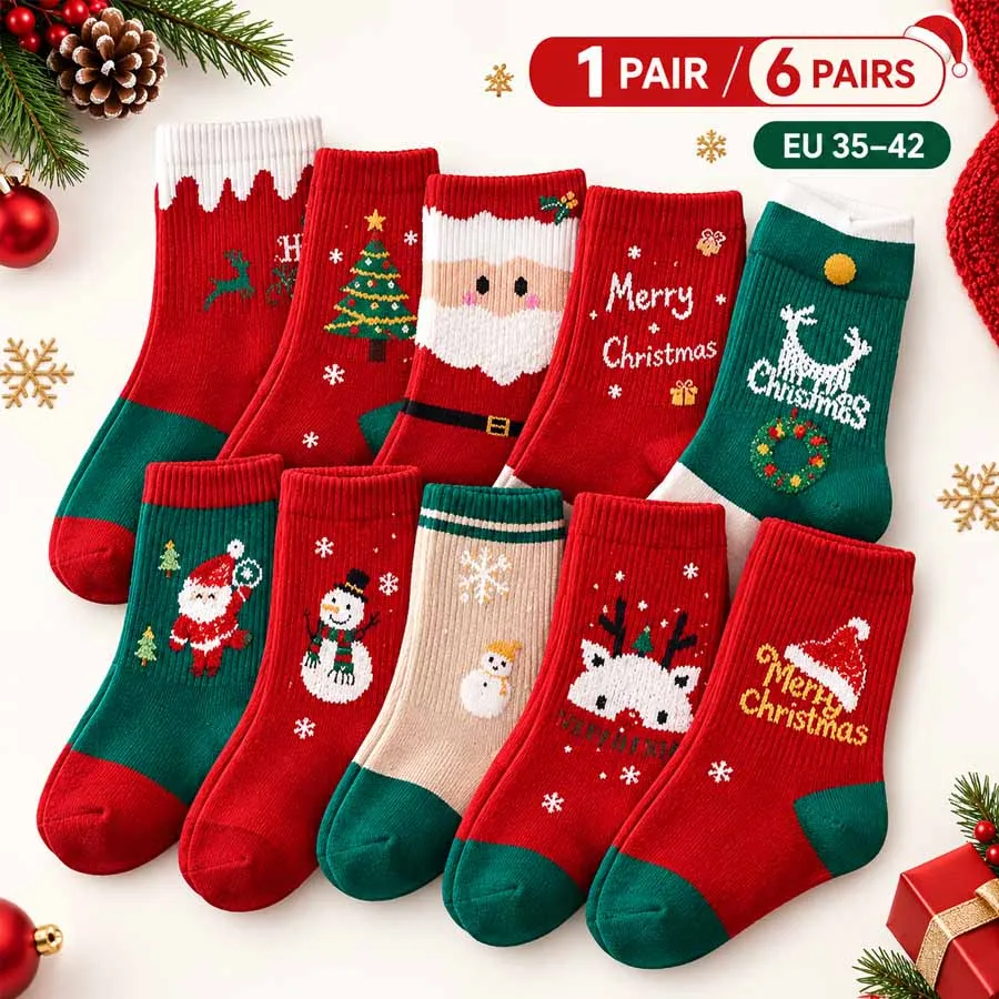 6/1Pairs Winter Christmas Family Crew Socks, Random Color Pure Cotton Thick Warm Size 35-42 for Men Women Couples