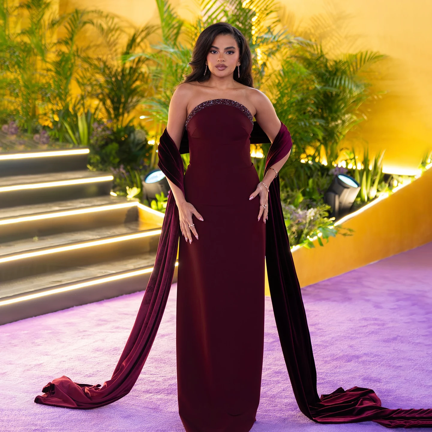 

Sharon Said Wine Red Strapless Beading Crystal Evening Dress with Cape for Women Wedding Party Formal Gown SF005 Customized