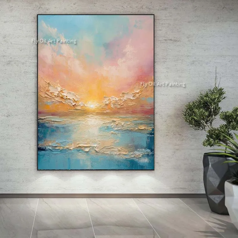 

Sunshine Sky Sea Oil Painting Original Dream Seascape Canvas Abstract Wall Art Hand Painted Gold Sunset Texture Ocean Art Decor