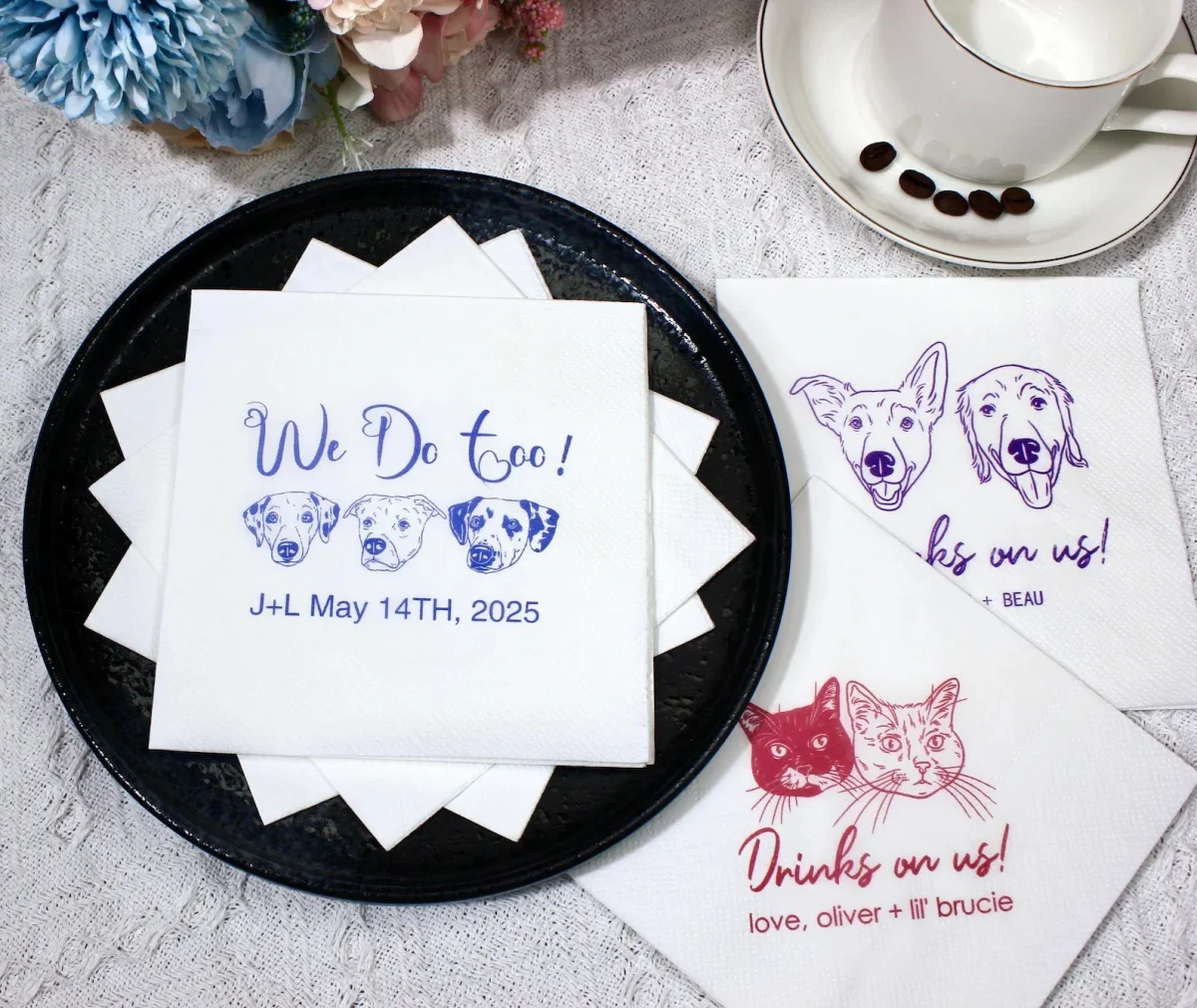50pcs Custom Matching Pet Couple Cocktail Napkins For Wedding- Personalized for 2 Dogs or 2 Cats - Unique Animal-Themed Wedding