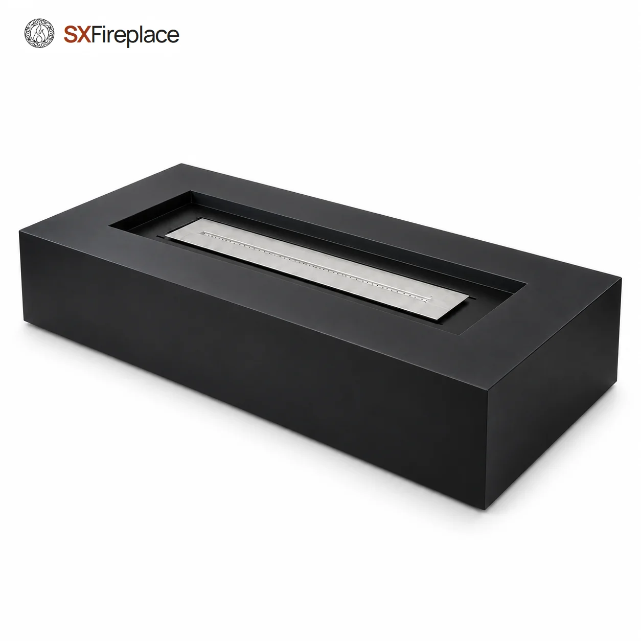 SXFireplace Modern Rectangular Bioethanol Fireplace with Black Metal Surround and Stainless Steel Linear Burner