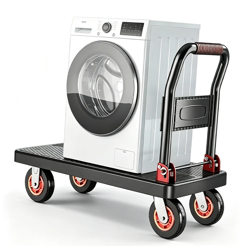 Collapsible Flat Platform Hand Dolly Cart, Heavy‑Duty 4‑Wheels Portable Moving Trolley, Foldable Utility Cart for Household Shopping and Cargo Transport
