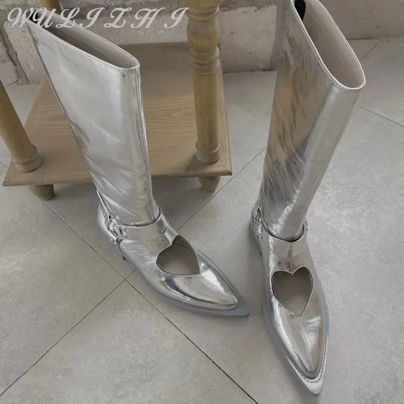 

2024 New Women Silver Heart Shaped Hollow Knight Boots Pointed Toe Slip On Boots Punk Patent Leather Mid Calf Boots Mujer Botas