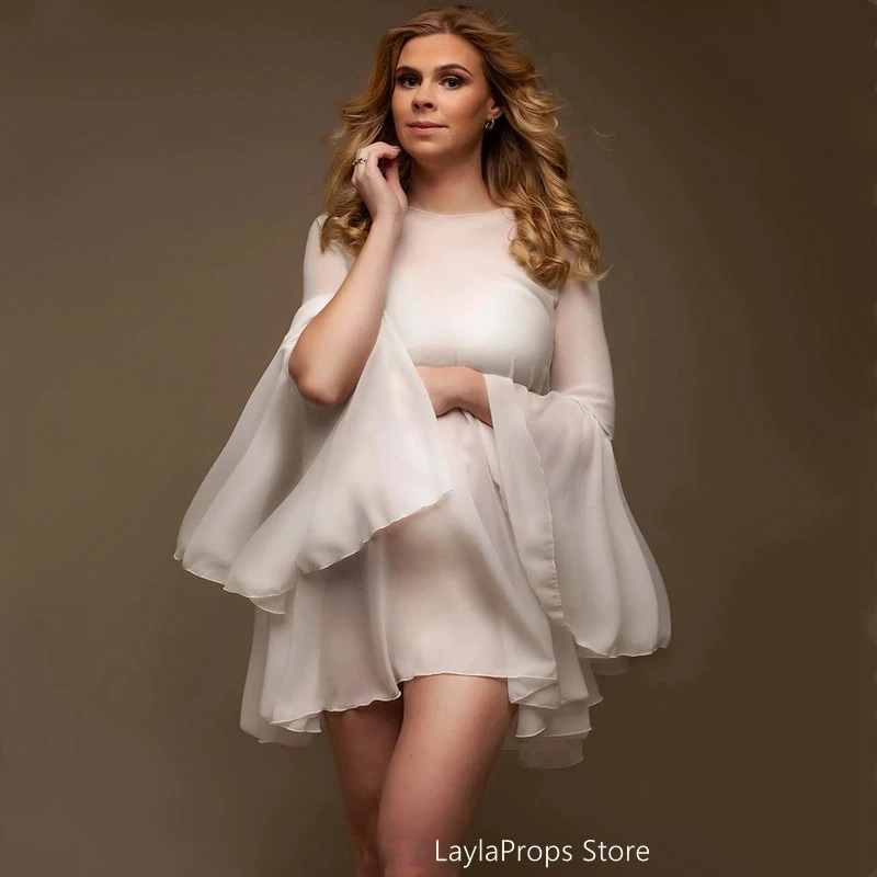 Pregnancy Dresses for Photo Shooting White Chiffon Maternity Photo Shoot Flare Flounce Sleeve See Through Photography Clothes