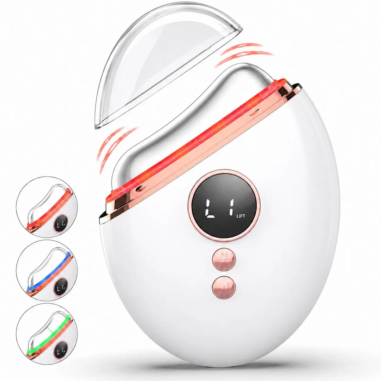 Massaggiatore facciale elettrico Gua Sha, per viso e collo, con funzione riscaldante e vibrante, 2 modalità, 5 livelli di intensità, display, batteria da 500 mAh, senza fili e ricaricabile, compatto.