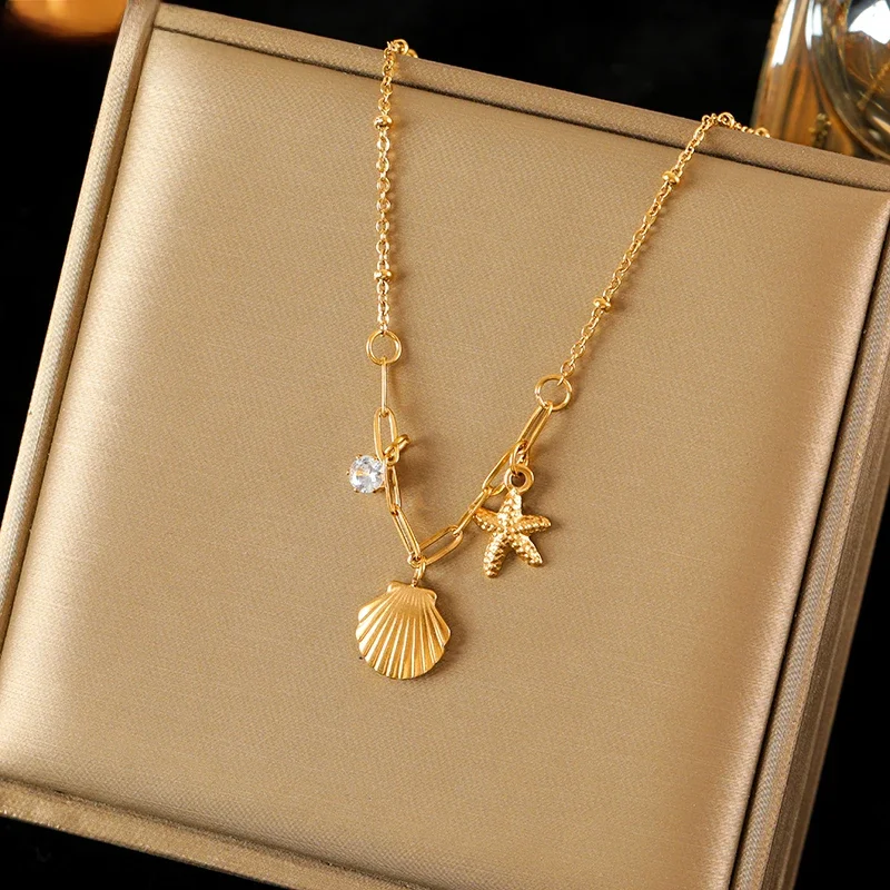 EILIECK 316L acier inoxydable couleur or coquille étoile de mer Zircon pendentif collier pour les femmes mode nouveau cadeau cou chaîne bijoux